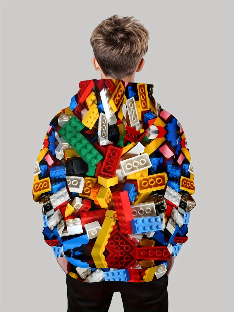 Building Block Print Hoodie for Boys – 3D Stylish Fall/Winter Pullover with Long Sleeves & Hood for Casual Everyday Adventures