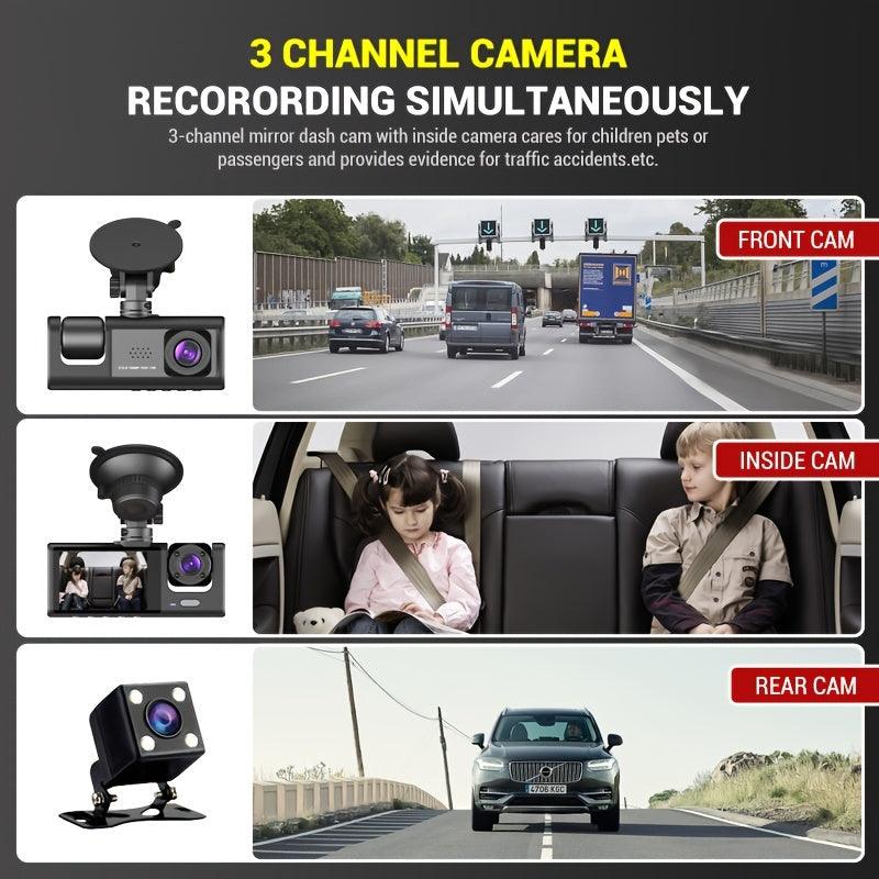 3 Channel Dash Cam Front And Rear Inside, 1080P Dash IR Night Vision, Loop Recording Car DVR Camera With 2 Inch IPS Screen 3 Cameras Car Dashcam