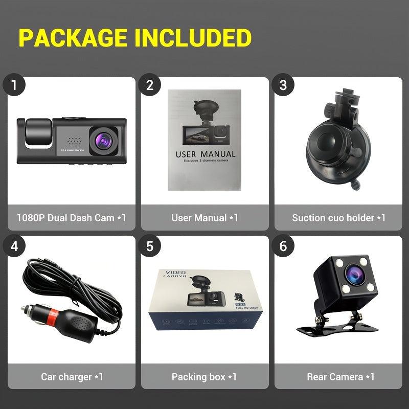 3 Channel Dash Cam Front And Rear Inside, 1080P Dash IR Night Vision, Loop Recording Car DVR Camera With 2 Inch IPS Screen 3 Cameras Car Dashcam
