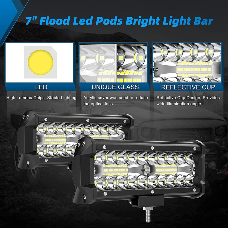 2PCS 7 Inch 240W 24000LM LED Light Bar - High Intensity LED Pods for Off-Road, Truck, Jeep, and More