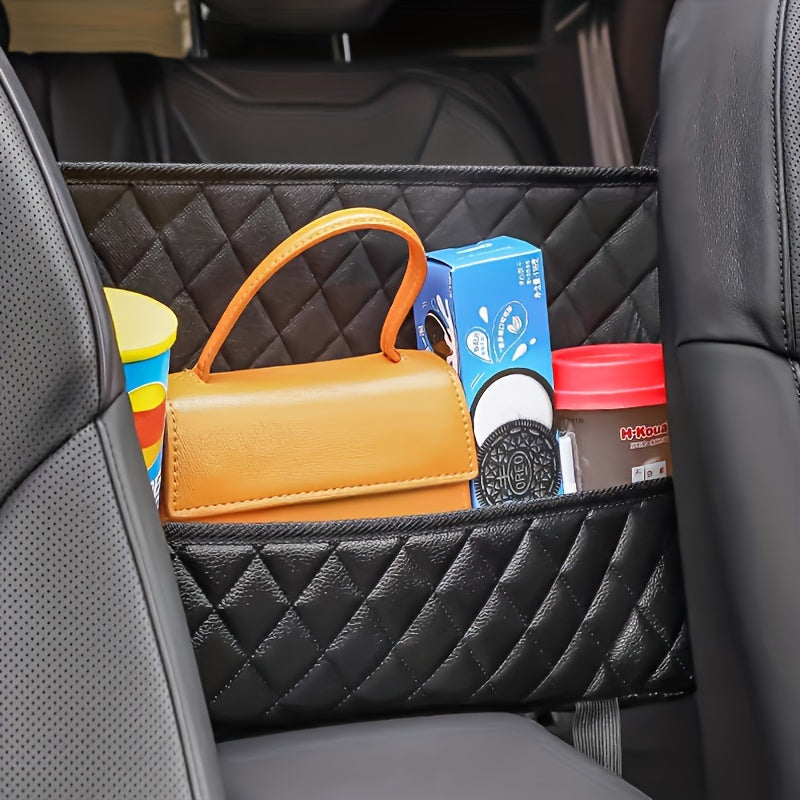 PU Leather Car Backseat Organizer – Quilted Diamond-Stitch Design with Mesh Pockets, Handbag Holder & Extra Storage for Cars/SUVs
