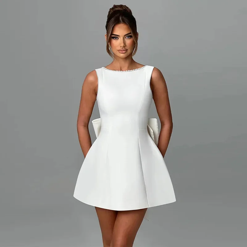 White Pearl Big Bow Backless Mini Dress – Sexy 2024 A-Line Bodycon for Elegant Evenings, Parties & Date Nights