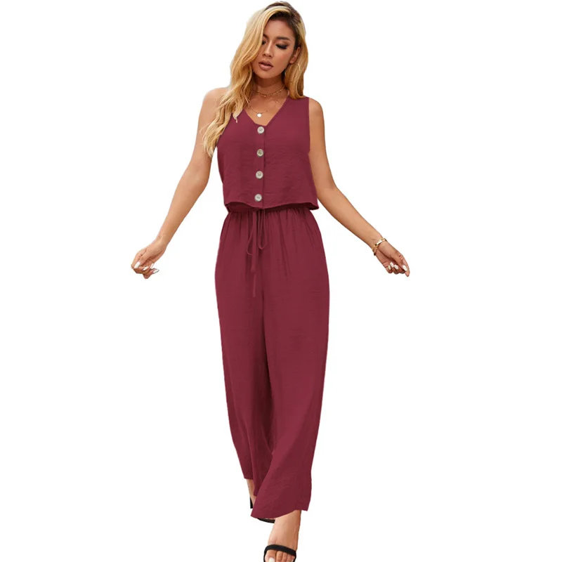 Cotton Linen Two-Piece Office Set – V-Neck Vest & Wide Leg Pants for Casual Elegance and Everyday Comfort