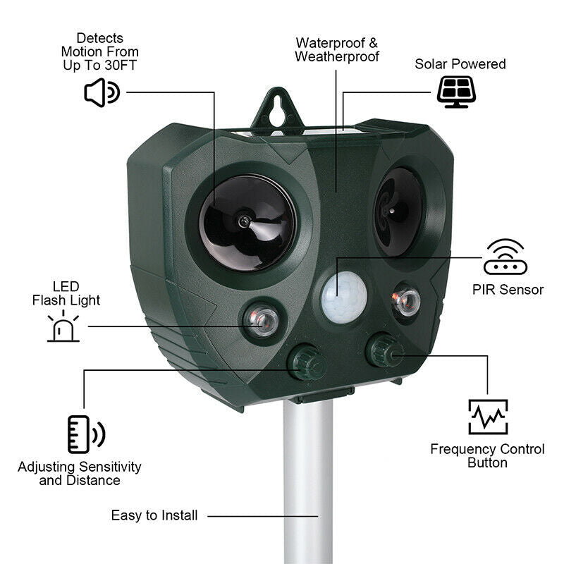 Ultrasonic Bird & Pest Repeller Solar Powered Device - Long Range Covered Area