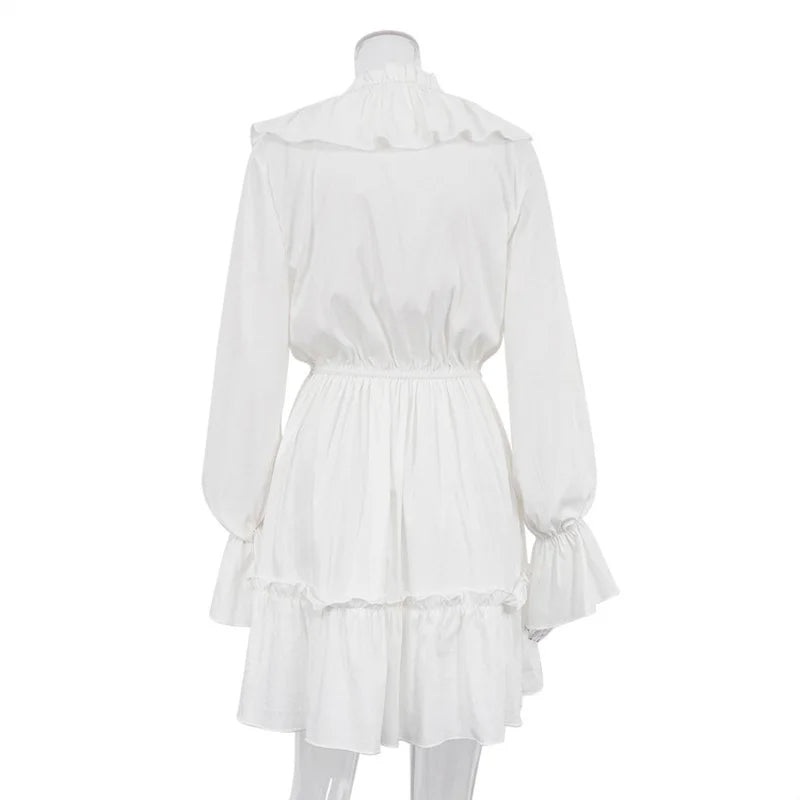 Sexy V-Neck Pleated Ruffle Mini Skater Dress – Long Sleeve, Flared Hem, & Autumn-Winter Feminine Elegance