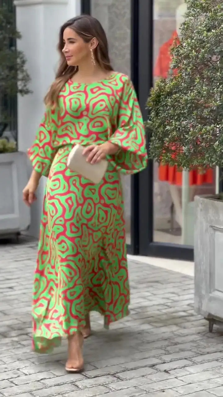Floral Vacation Dress Set – 2-Piece Maxi Skirt & Blouse with Big Swing Hem for Summer Holiday Style