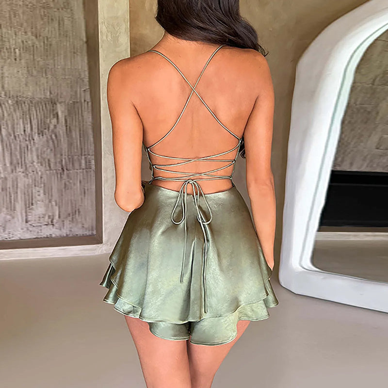 Silky Satin Suspender Skirt Wrap Dress – Low-Cut Body-Hugging  A-Line Short Dress for Party Glam