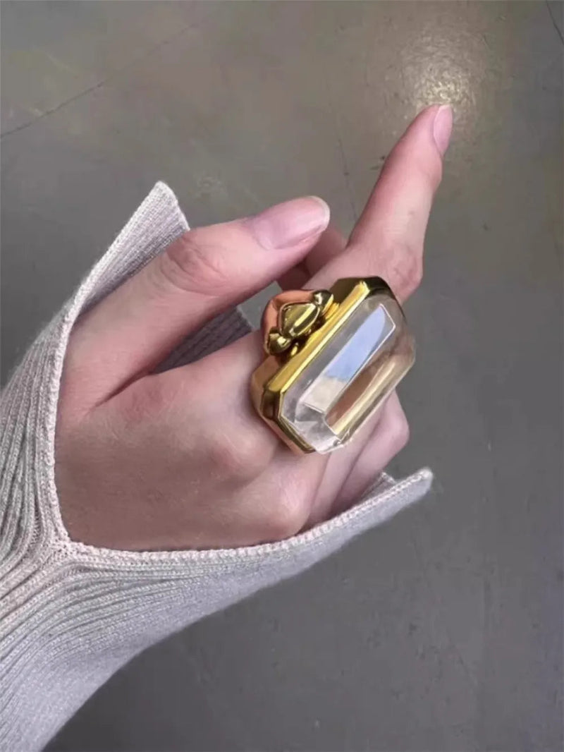 Fashion Square Natural Stone Crystal Ring - 2024 Gold-Plated Brass Jewelry for Women, Light Luxury European and American Style