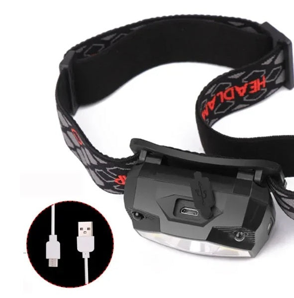 USB Rechargeable LED Headlamp – Bright Sensor-Activated Head Torch for Fishing, Hiking, Emergency Search, or Camping Adventure Use