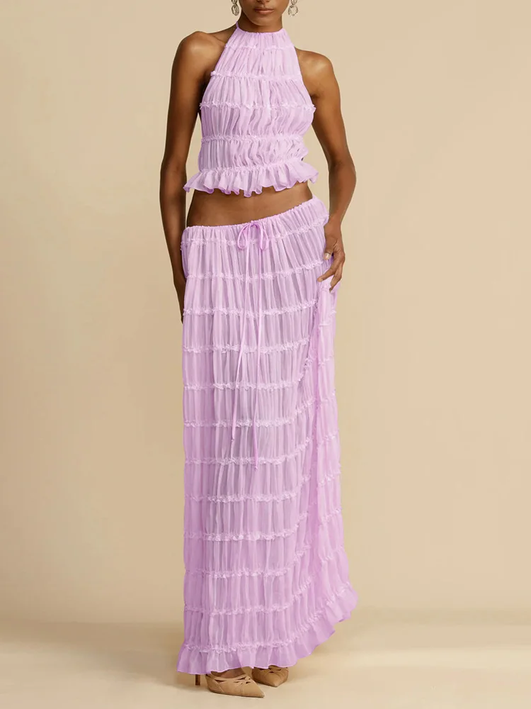 Sexy Two-Piece Hollow Out Set Dress – Backless Lace-Up Crop Top & Long Skirt for Beach & Club Vibes