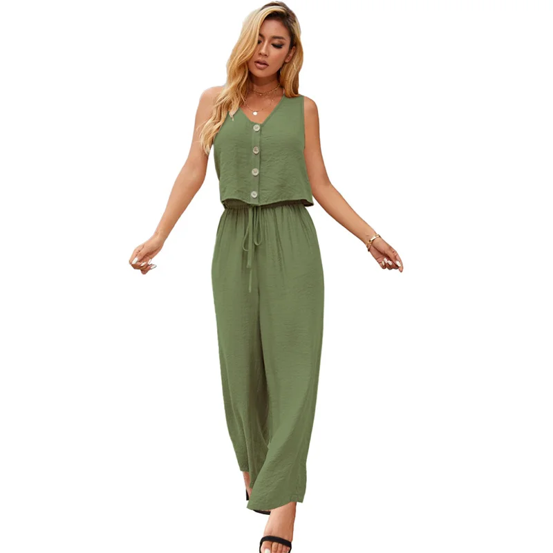 Cotton Linen Two-Piece Office Set – V-Neck Vest & Wide Leg Pants for Casual Elegance and Everyday Comfort