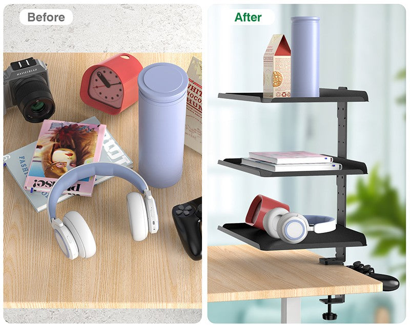 Multifunctional Desk Storage Rack – Adjustable 3-Tier Stand for Desk Organization with Cup Holder and Workspace Expansion