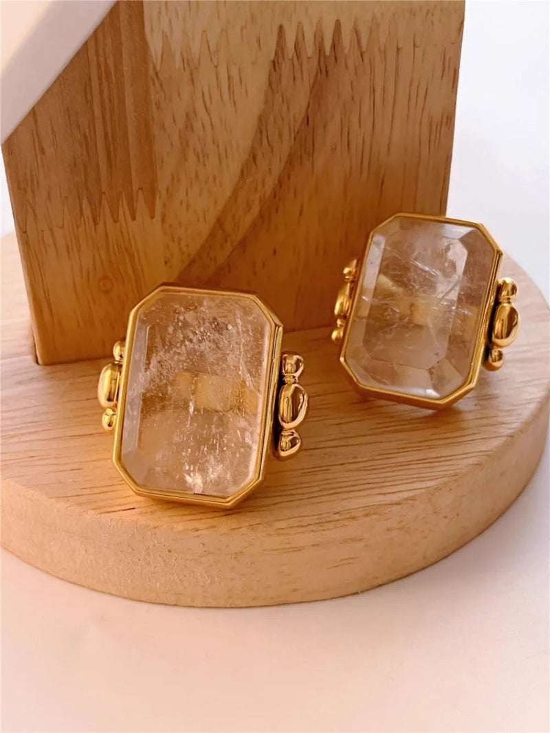 Fashion Square Natural Stone Crystal Ring - 2024 Gold-Plated Brass Jewelry for Women, Light Luxury European and American Style