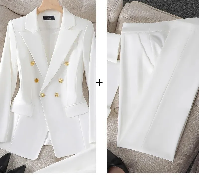 White Women's Double Breasted Business Suit – Western-Style Long Trousers Set for High-End Work Occasions