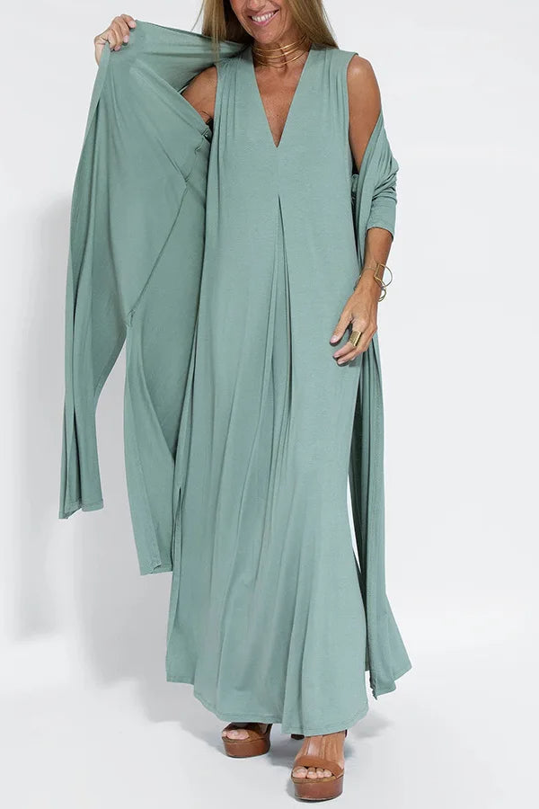 Chic V-Neck Dress & Cardigan Set – Sleeveless Long Vest Dress with Fall-Ready Casual Layered Elegance