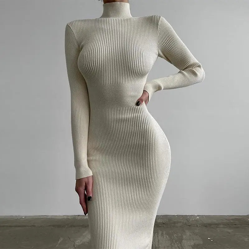Turtleneck Knitted Midi Dress – Long Sleeve Bodycon Fit for Flawless Autumn & Winter Fashion Statements