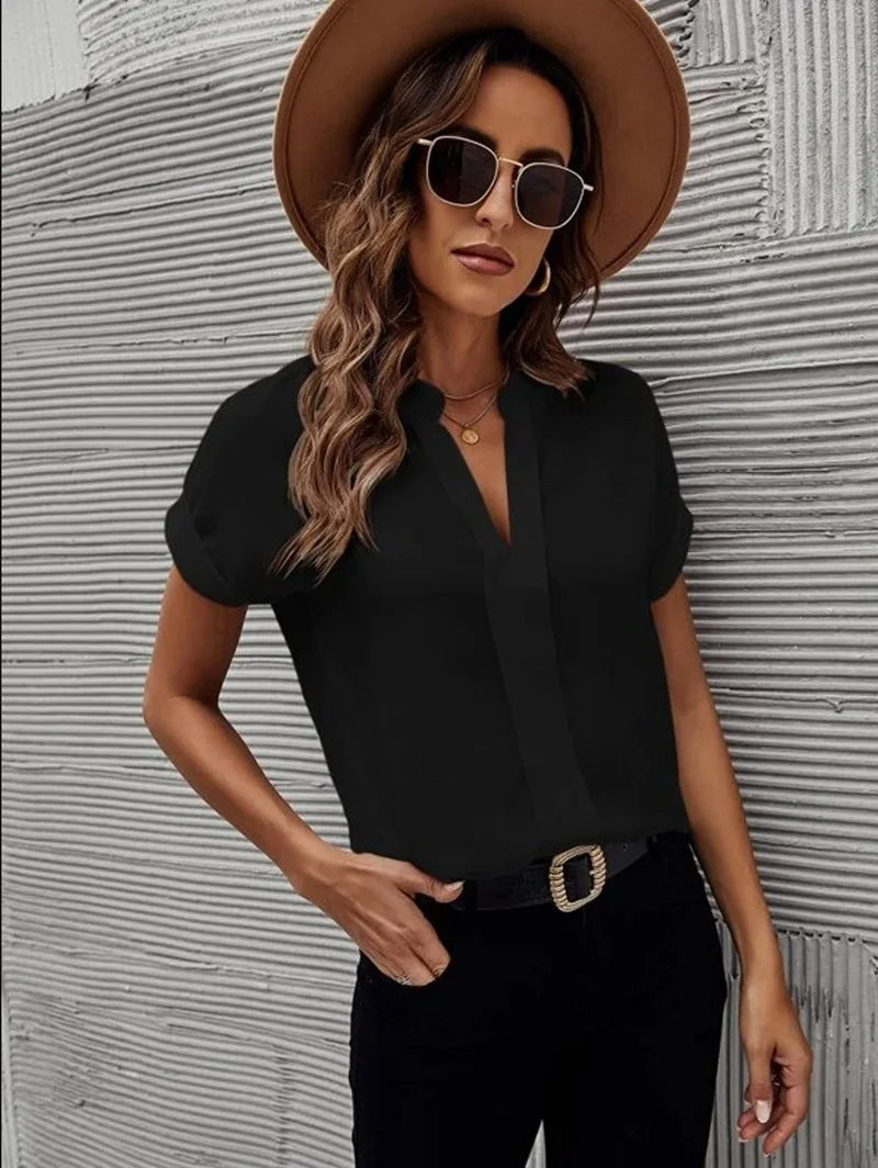 Chiffon V-Neck Workwear Blouse – Loose Short-Sleeved Shirt for Women’s Business Casual Summer Style
