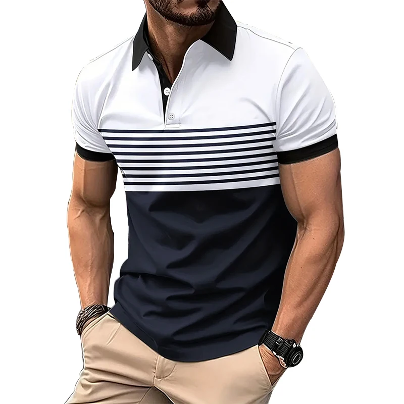 Men’s Summer Striped Polo Shirt - Casual Sporty Button Lapel Tee for Fresh Everyday Style
