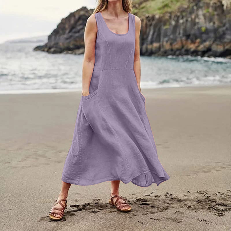 Cotton Linen Long Dress with Pockets – Plus Size Sleeveless Pullover for Effortless Summer Fashion