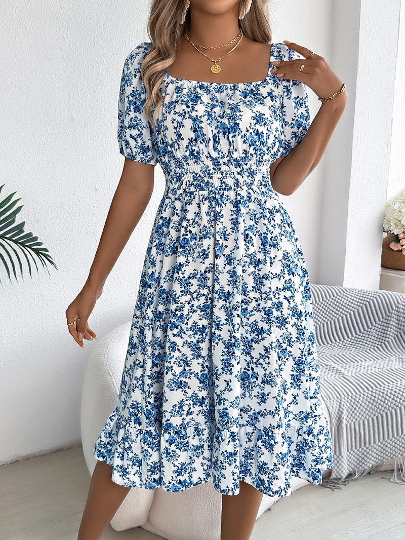Floral Ruffled Square Neck Dress – Elegant Short Sleeve Summer Dress for Feminine Charm & Seasonal Sophistication