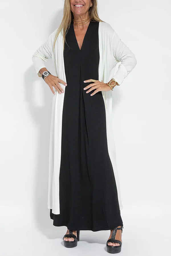 Chic V-Neck Dress & Cardigan Set – Sleeveless Long Vest Dress with Fall-Ready Casual Layered Elegance