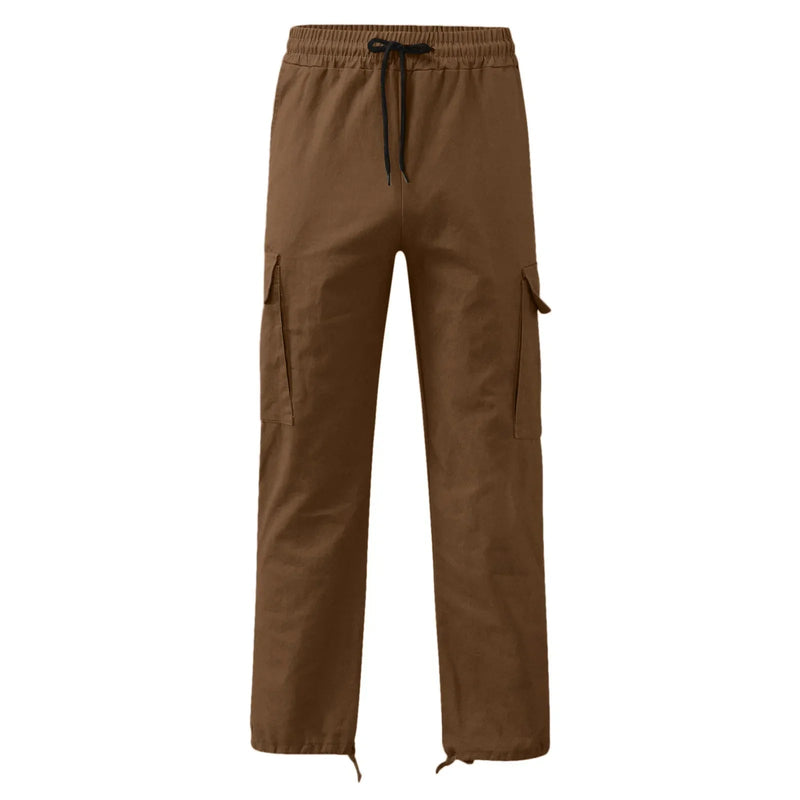 Men's Multi-pocket Cargo Pants – Solid Full-Length Trousers with Drawstring Pockets for Everyday Comfort