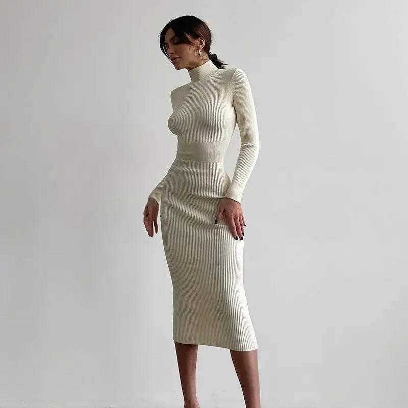 Turtleneck Knitted Midi Dress – Long Sleeve Bodycon Fit for Flawless Autumn & Winter Fashion Statements