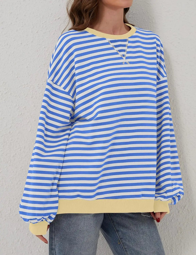 Oversized Striped Pullover Round Neck Sweatshirt – Casual Long Sleeve Crew Neck for a Laid-Back Yet Fashionable Look