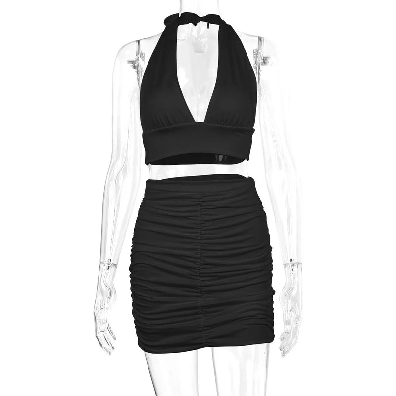 Sexy Ruffle Mini Dress Set – Deep V Crop Top & Bodycon Skirt for Party Glam