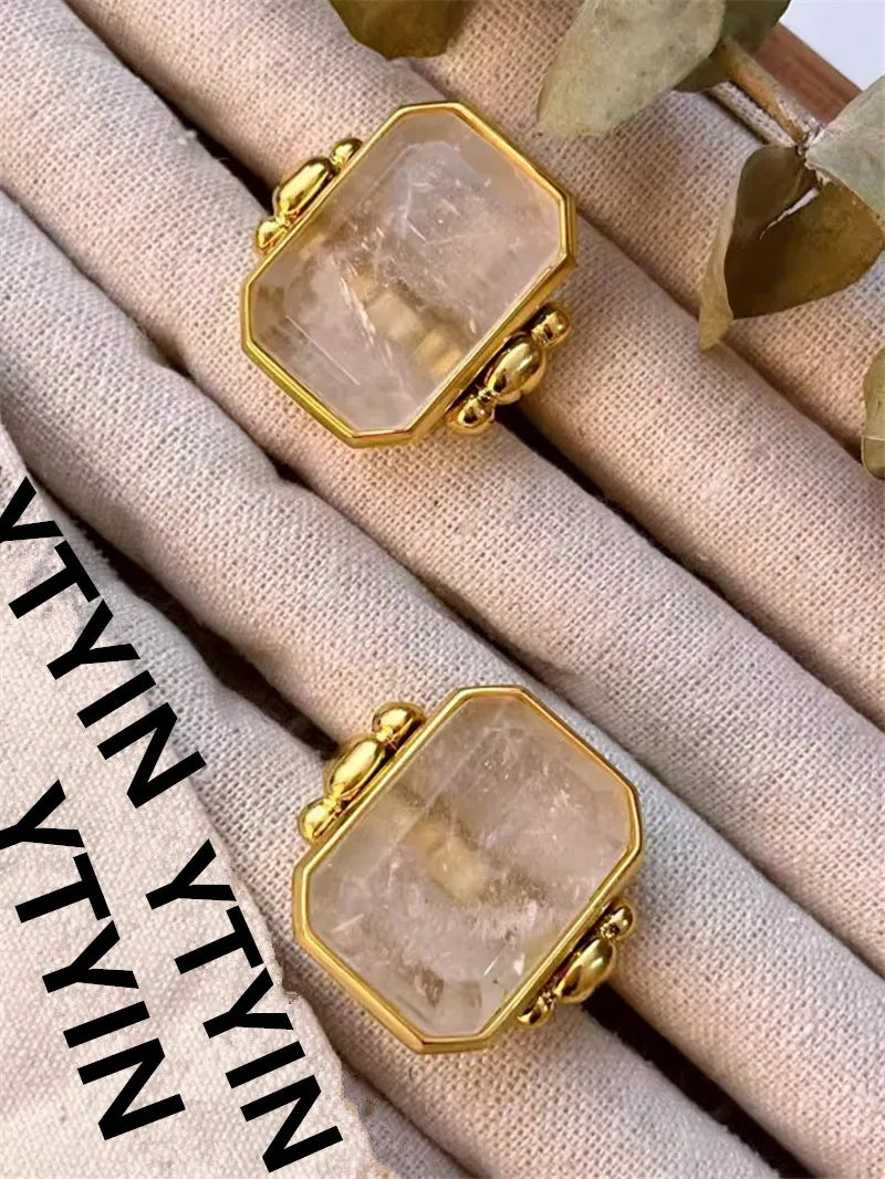Fashion Square Natural Stone Crystal Ring - 2024 Gold-Plated Brass Jewelry for Women, Light Luxury European and American Style