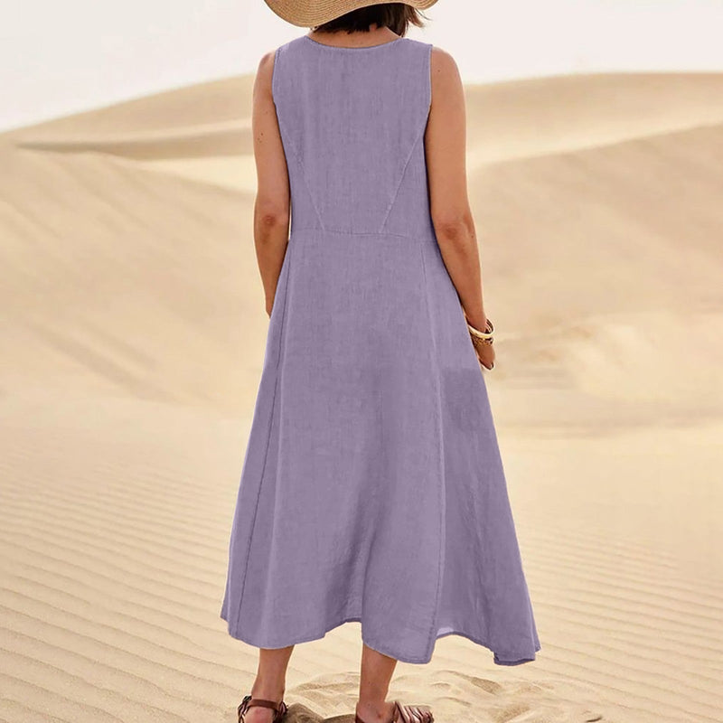 Cotton Linen Long Dress with Pockets – Plus Size Sleeveless Pullover for Effortless Summer Fashion