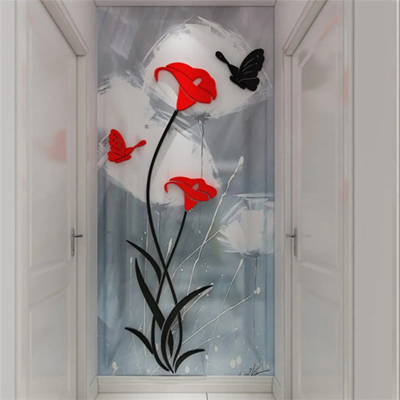 Butterfly Lily Mirror Wall Sticker – 3D DIY Floral Mural Decal for Bedroom, TV Background, and Elegant Living Room Décor Charm