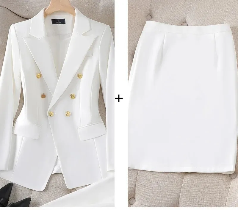 White Women's Double Breasted Business Suit – Western-Style Long Trousers Set for High-End Work Occasions
