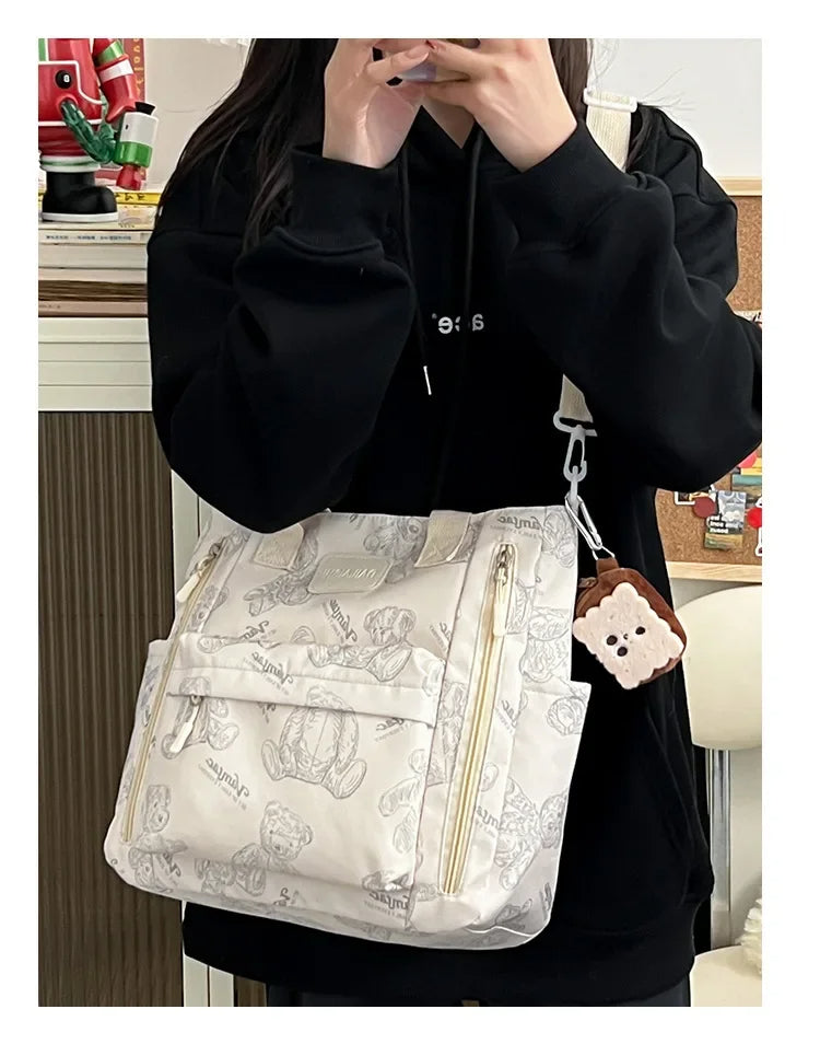 Bear Print Multi-Compartment Backpack Purse – Stylish & Spacious Nurse, Teacher & Laptop Bag