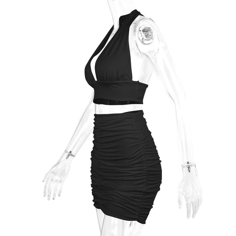 Sexy Ruffle Mini Dress Set – Deep V Crop Top & Bodycon Skirt for Party Glam