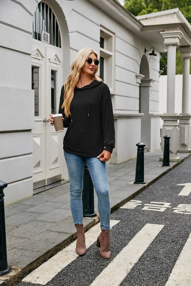 Hooded Groove Stripe Knitted Sweater – Cozy Women's Pullover with Kangaroo Pocket for Casual Winter Chic