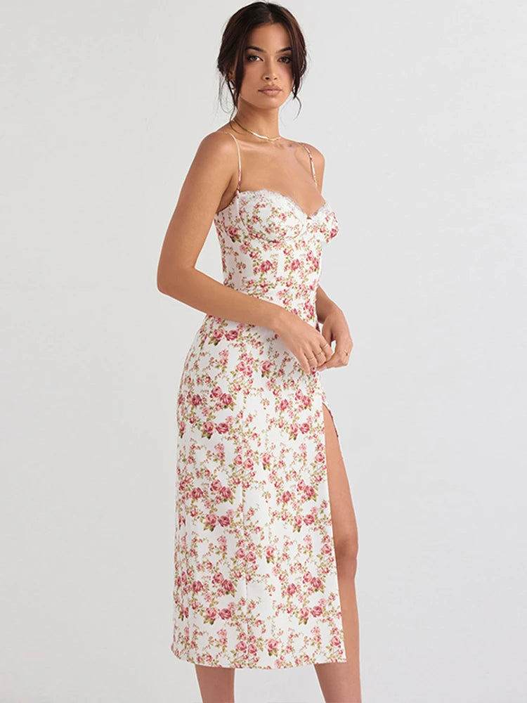 Floral Print Long Midi Lace Dress – Sleeveless Backless Bodycon Slit Dress for Club, Birthday & Party Nights