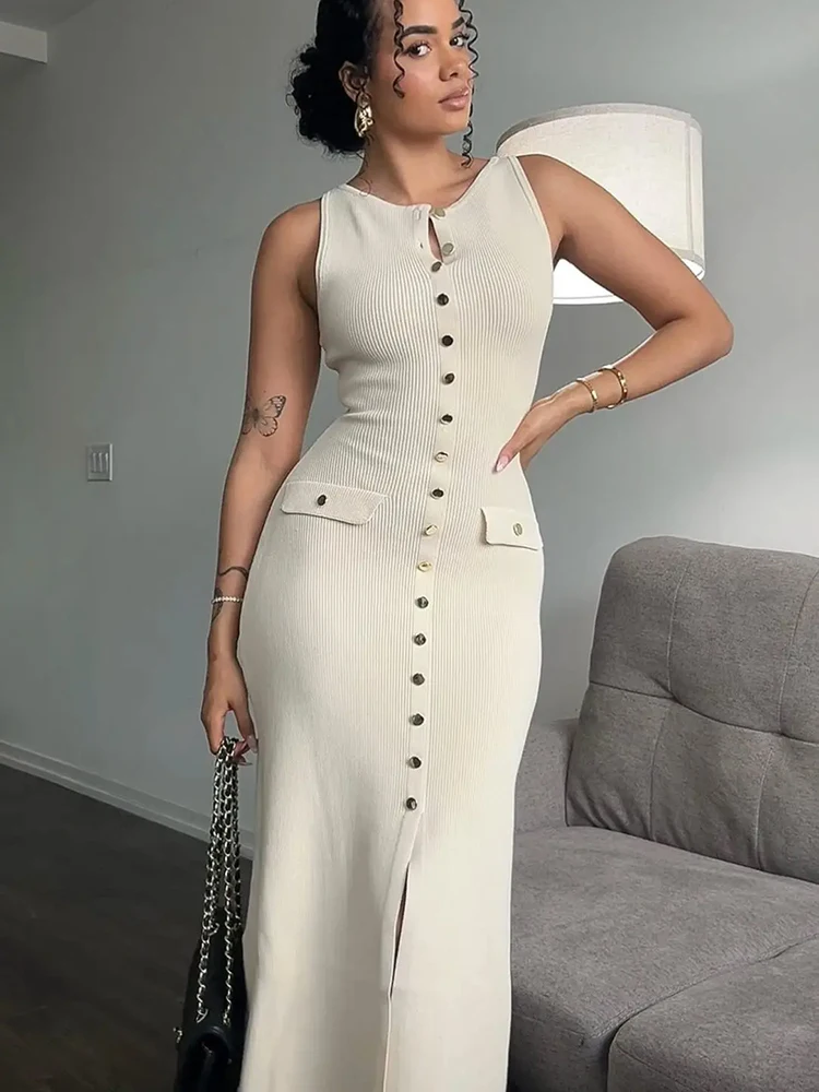 High Slit Knitted Maxi Dress for Women – Apricot Sleeveless Button Detail Bodycon Party Winter Dress