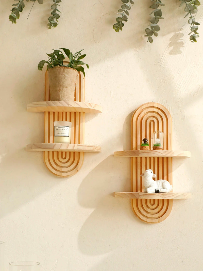 Boho Geometric Wooden Wall Shelf – Stylish Mounted Rack with Natural Finish for Modern Plant Displays and Cozy Home Vibes