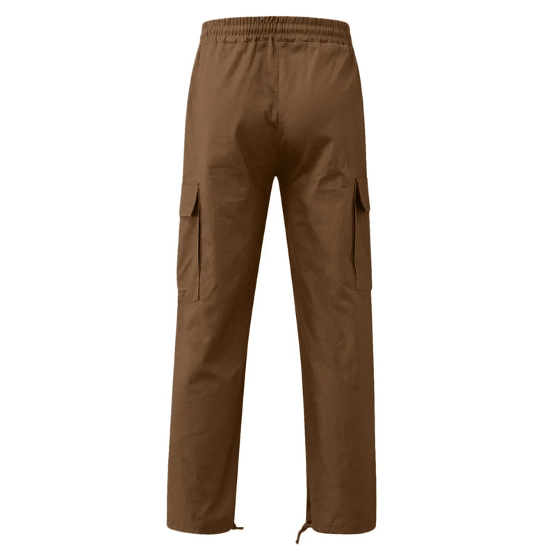Men's Multi-pocket Cargo Pants – Solid Full-Length Trousers with Drawstring Pockets for Everyday Comfort