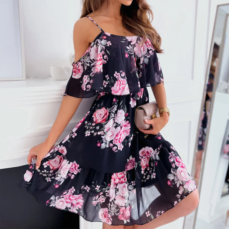 Ruffled Chiffon Summer Dress – Flower Printed, Shoulder Strap Style with European-Inspired Sexy Vibes for 2024 Chic