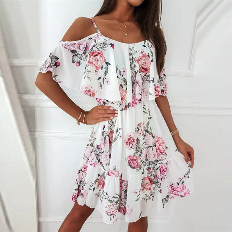Ruffled Chiffon Summer Dress – Flower Printed, Shoulder Strap Style with European-Inspired Sexy Vibes for 2024 Chic