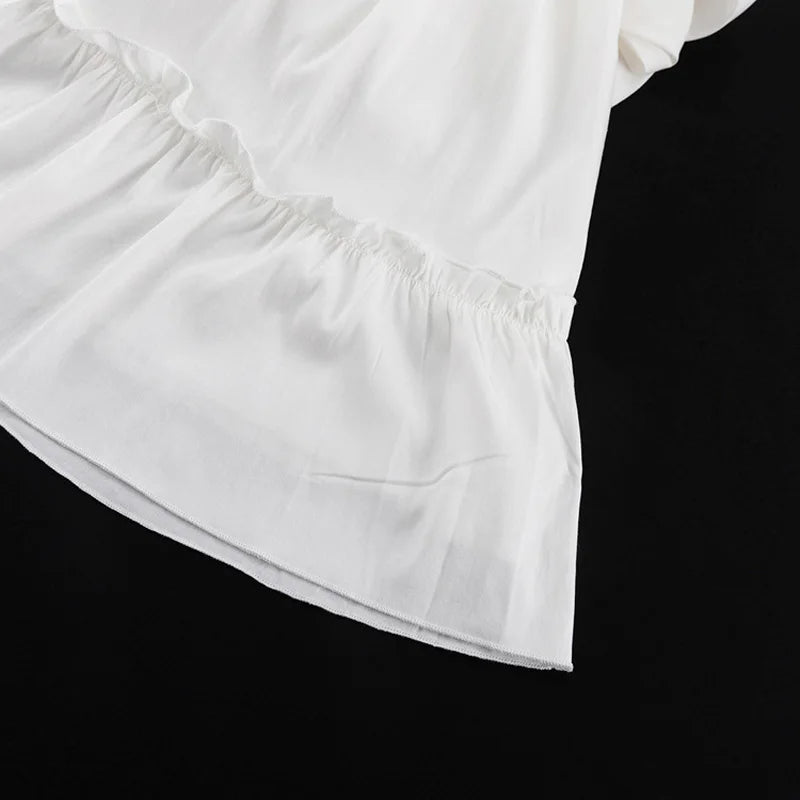 Sexy V-Neck Pleated Ruffle Mini Skater Dress – Long Sleeve, Flared Hem, & Autumn-Winter Feminine Elegance