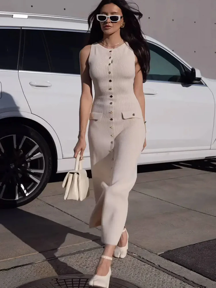 High Slit Knitted Maxi Dress for Women – Apricot Sleeveless Button Detail Bodycon Party Winter Dress