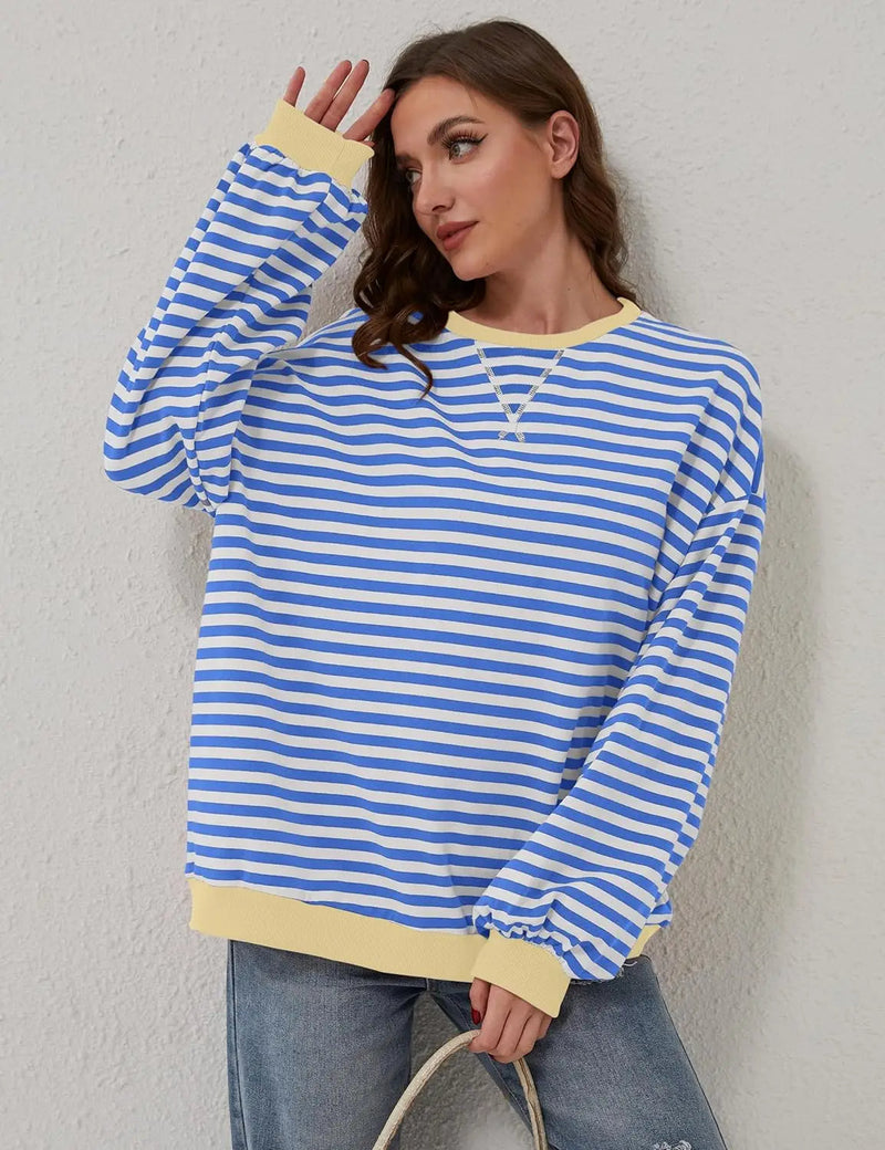 Oversized Striped Pullover Round Neck Sweatshirt – Casual Long Sleeve Crew Neck for a Laid-Back Yet Fashionable Look