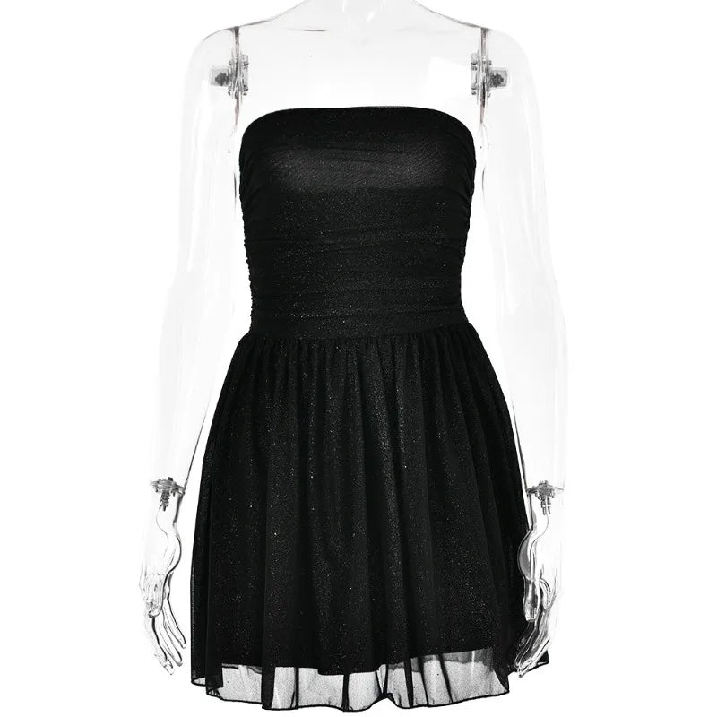 Glitter Tube Top Mesh Evening Dress with Bow-Knot  – Strapless Bow Tie A-Line Mini for Birthday Glam