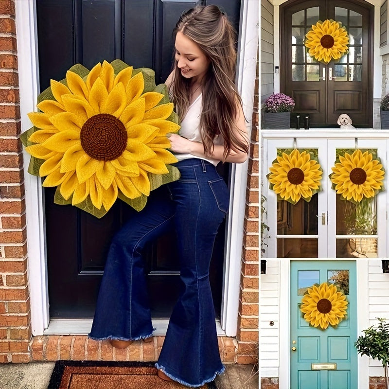 Vibrant Yellow Sunflower Fabric Wreath – Spring & Summer Door Charm for Weddings, Lei Day, Mother’s Day, or Holiday Celebration Décor