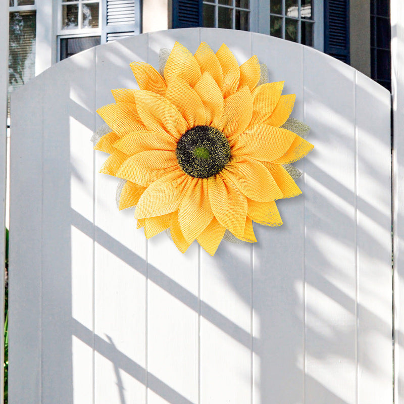 Vibrant Yellow Sunflower Fabric Wreath – Spring & Summer Door Charm for Weddings, Lei Day, Mother’s Day, or Holiday Celebration Décor