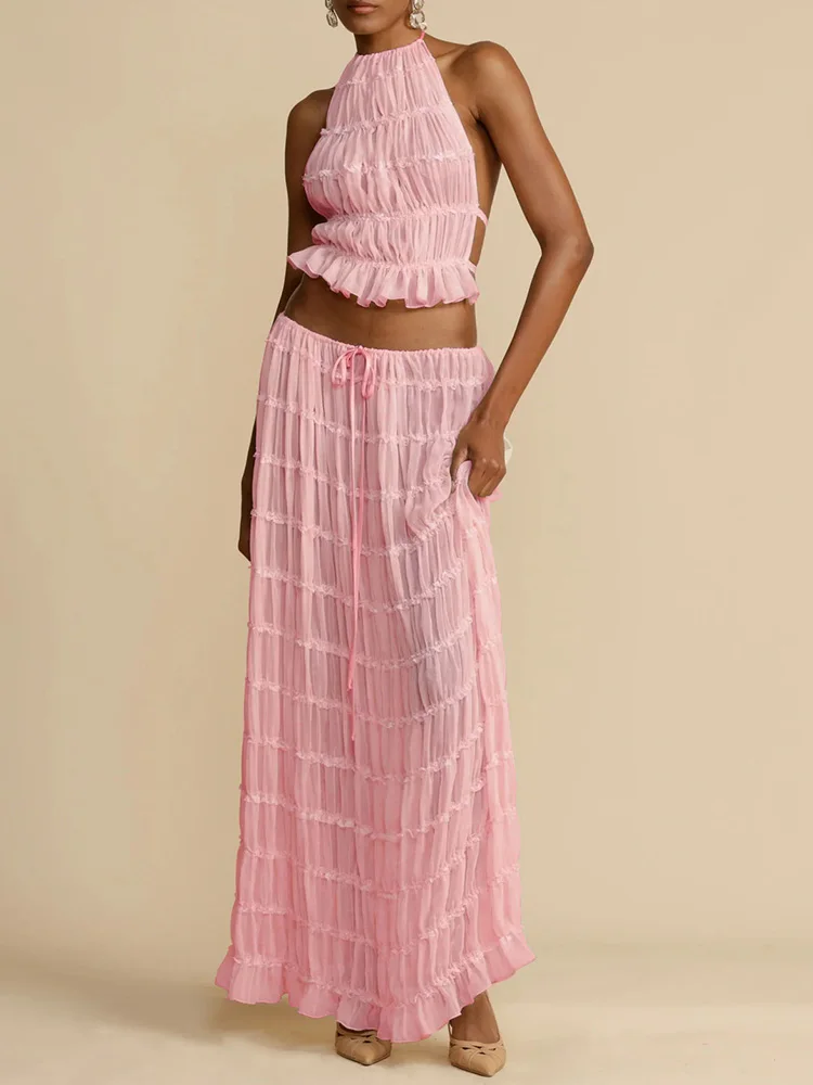 Sexy Two-Piece Hollow Out Set Dress – Backless Lace-Up Crop Top & Long Skirt for Beach & Club Vibes