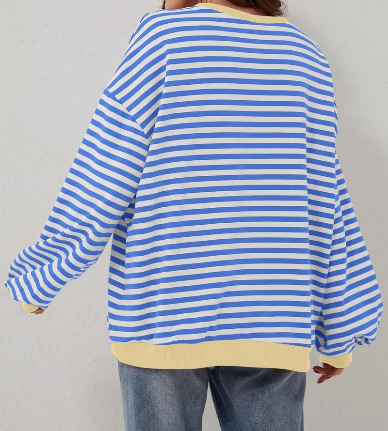 Oversized Striped Pullover Round Neck Sweatshirt – Casual Long Sleeve Crew Neck for a Laid-Back Yet Fashionable Look